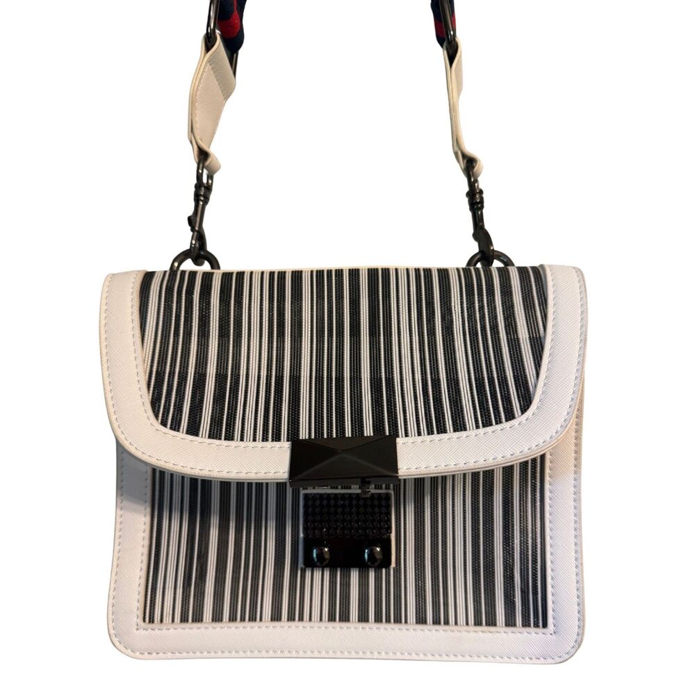 Fallon & Royce Black White Striped Mesh Crossbody Bag Red Navy Strap